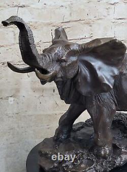 Vie Sauvage Éléphant Bronze Statue Avec / Marbre Base, Signée Sculpture Décor