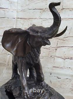 Vie Sauvage Éléphant Bronze Statue Avec / Marbre Base, Signée Sculpture Décor