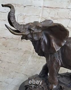 Vie Sauvage Éléphant Bronze Statue Avec / Marbre Base, Signée Sculpture Décor