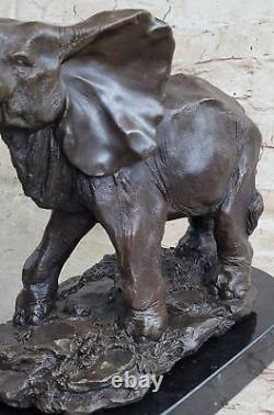 Vie Sauvage Éléphant Bronze Statue Avec / Marbre Base, Signée Sculpture Décor