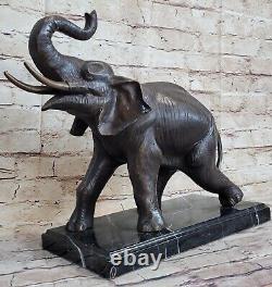 Vie Sauvage Éléphant Bronze Statue Avec / Marbre Base Signée Sculpture Figurine