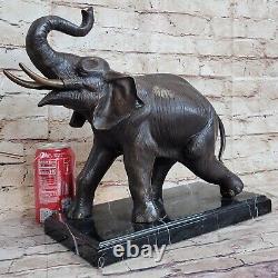 Vie Sauvage Éléphant Bronze Statue Avec / Marbre Base Signée Sculpture Figurine