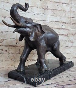 Vie Sauvage Éléphant Bronze Statue Avec / Marbre Base Signée Sculpture Figurine