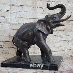 Vie Sauvage Éléphant Bronze Statue Avec / Marbre Base Signée Sculpture Figurine