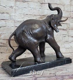 Vie Sauvage Éléphant Bronze Statue Avec / Marbre Base Signée Sculpture Figurine