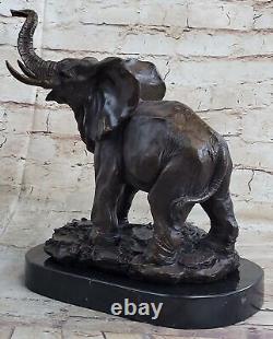 Vie Sauvage Éléphant Bronze Statue Avec / Marbre Base, Signée Sculpture Figurine