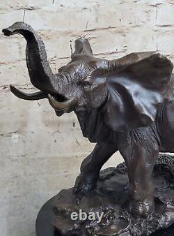 Vie Sauvage Éléphant Bronze Statue Avec / Marbre Base, Signée Sculpture Figurine