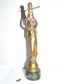 Vierge d'Albert Roze en Bronze Doré 28cm Base Marbre Vert de Mer, un Bras cassé