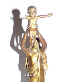Vierge d'Albert Roze en Bronze Doré 28cm Base Marbre Vert de Mer, un Bras cassé