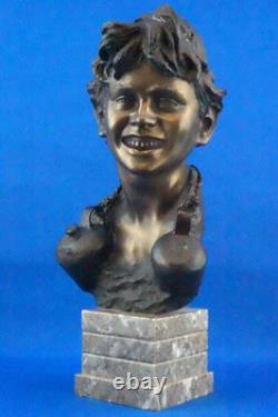 Vincenzo Cinque, Buste bronze enfant, socle marbre, Naples, XIX, style Liberty