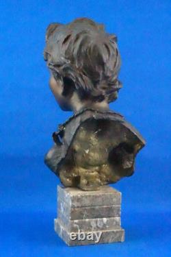 Vincenzo Cinque, Buste bronze enfant, socle marbre, Naples, XIX, style Liberty