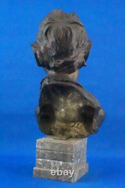 Vincenzo Cinque, Buste bronze enfant, socle marbre, Naples, XIX, style Liberty