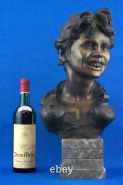 Vincenzo Cinque, Buste bronze enfant, socle marbre, Naples, XIX, style Liberty
