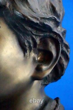 Vincenzo Cinque, Buste bronze enfant, socle marbre, Naples, XIX, style Liberty