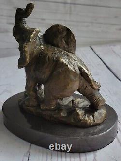 Vintage Bronze Éléphant Statue Sculpture Sur Marbre Base Art Déco Signée