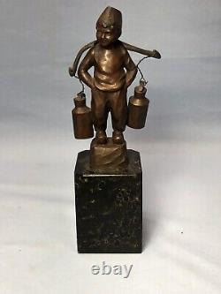 Vintage Bronze Foreign Boy Sculpture Signed On Marble Base (A4) 8 1/2 T