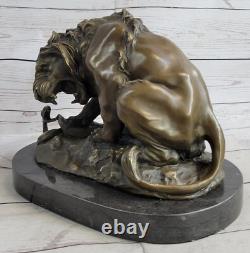 Vintage Bronze Sculpture Statue Lion Vs Serpent Signée Véritable Marbre Base