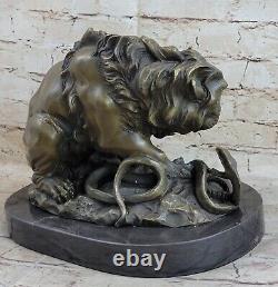 Vintage Bronze Sculpture Statue Lion Vs. Serpent Signée Véritable Marbre Base