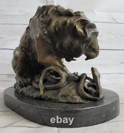 Vintage Bronze Sculpture Statue Lion Vs Serpent Signée Véritable Marbre Base