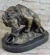 Vintage Bronze Sculpture Statue Lion Vs. Serpent Signée Véritable Marbre Base Nr
