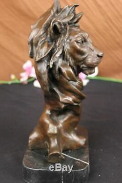 Vintage Laiton Ou Bronze Lion Tête Buste Sculpture, Signé, Marbre Base Figurine
