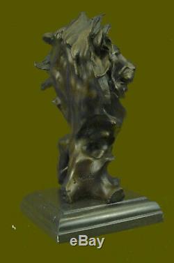 Vintage Laiton Ou Bronze Lion Tête Buste Sculpture, Signé, Marbre Base Hot Fonte