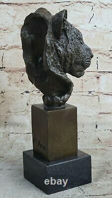 Vintage Laiton Ou Bronze Lion Tête Buste Sculpture, Signé, Marbre Base Statue