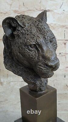 Vintage Laiton Ou Bronze Lion Tête Buste Sculpture, Signé, Marbre Base Statue