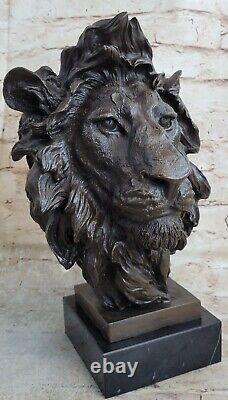 Vintage Laiton Ou Bronze Lion Tête Buste Sculpture, Signée, Marbre Base Statue