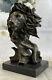 Vintage Laiton Ou Bronze Lion Tête Buste Sculpture, Signée, Marbre Base Statue