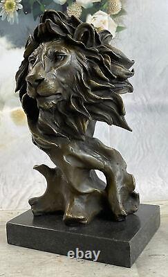 Vintage Laiton Ou Bronze Lion Tête Buste Sculpture, Signée, Marbre Base Statue