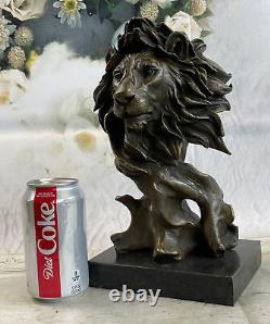 Vintage Laiton Ou Bronze Lion Tête Buste Sculpture, Signée, Marbre Base Statue