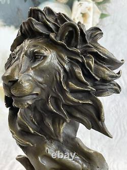 Vintage Laiton Ou Bronze Lion Tête Buste Sculpture, Signée, Marbre Base Statue