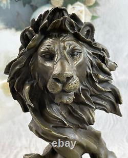 Vintage Laiton Ou Bronze Lion Tête Buste Sculpture, Signée, Marbre Base Statue