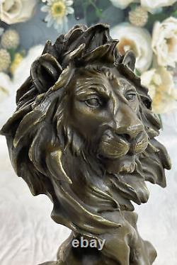 Vintage Laiton Ou Bronze Lion Tête Buste Sculpture, Signée, Marbre Base Statue