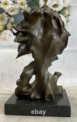 Vintage Laiton Ou Bronze Lion Tête Buste Sculpture, Signée, Marbre Base Statue