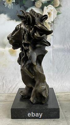 Vintage Laiton Ou Bronze Lion Tête Buste Sculpture, Signée, Marbre Base Statue