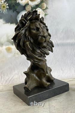 Vintage Laiton Ou Bronze Lion Tête Buste Sculpture, Signée, Marbre Base Statue