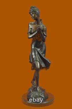 Vintage Signé Moreau Bronze Massif Statue'Dame Avec Guitare' Marbre Base