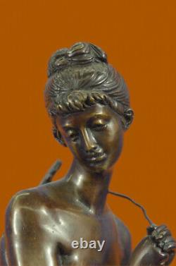 Vintage Signé Moreau Bronze Massif Statue'Dame Avec Guitare' Marbre Base