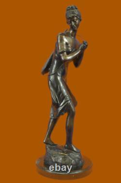 Vintage Signé Moreau Bronze Massif Statue'Dame Avec Guitare' Marbre Base Solde