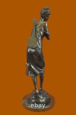Vintage Signé Moreau Bronze Massif Statue'Dame Avec Guitare' Marbre Base Solde