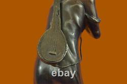 Vintage Signé Moreau Bronze Massif Statue Femme Avec Guitare' Marbre Base Eg