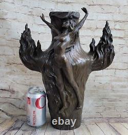 Vintage Signée Chair Nymphe Art Statue Bronze Vase Marbre Base 13 Haut