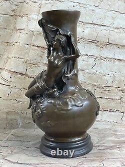 Vintage Signée Moreau Chair Nymphe Art Statue Bronze Vase Marbre Base13 Grand