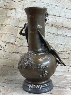 Vintage Signée Moreau Chair Nymphe Art Statue Bronze Vase Marbre Base13 Grand