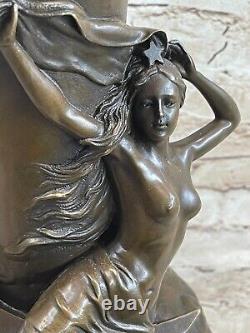 Vintage Signée Moreau Chair Nymphe Art Statue Bronze Vase Marbre Base13 Grand