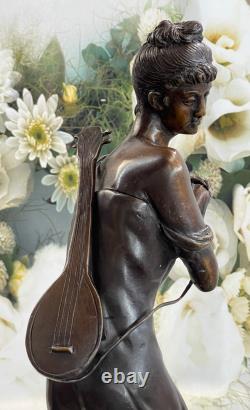 Vintage Signée Moreau Solide Bronze Statue` Dame Avec Guitare` Marbre Base Solde