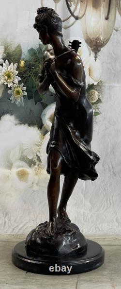 Vintage Signée Moreau Solide Bronze Statue` Dame Avec Guitare` Marbre Base Solde