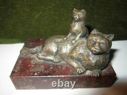 XIX Bronze Chat Et Son Petit Marbre Signe Rolland Antique Bronze Cat And Small